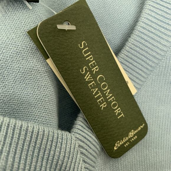 Eddie Bauer Sweater Men Large Sky Blue Fine Gauge V-Neck Pullover PIMA Nylon NEW - Picture 4 of 6